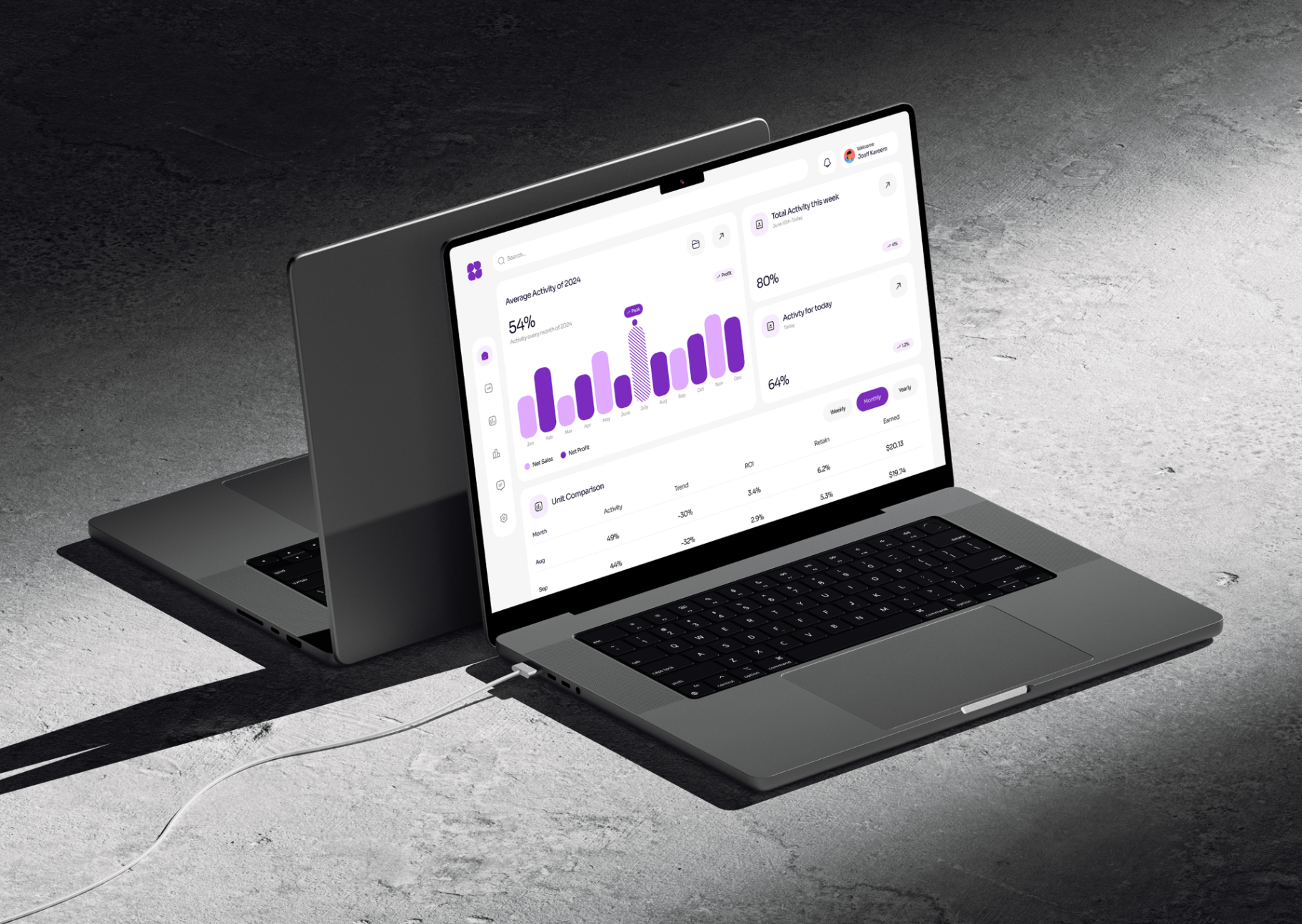 Responsive dashboard system across devices. Two Tascend laptops on concrete surface — Tascend Ai Project Managment SaaS · Product design case study by UXHAMZA