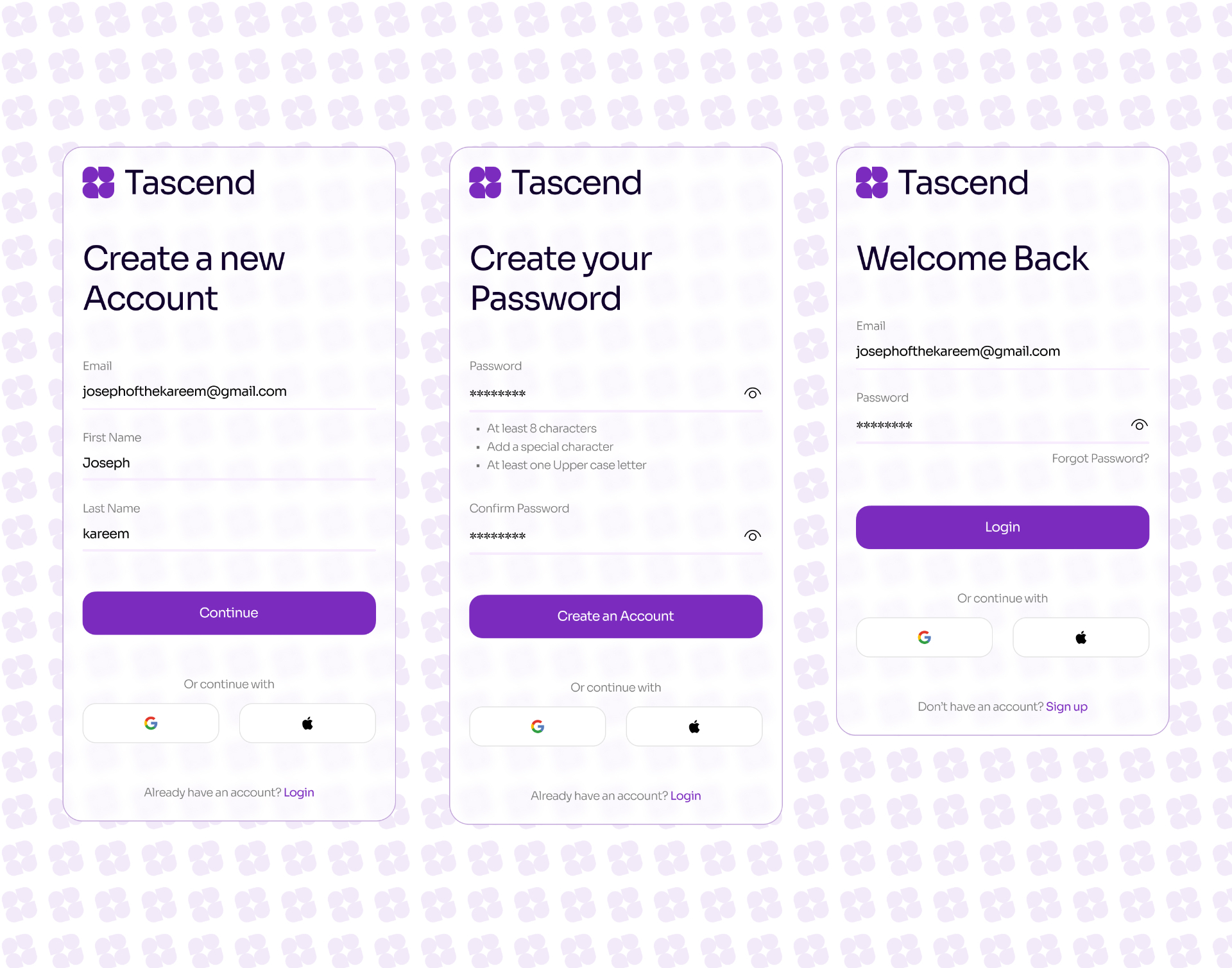 Tascend sign up, password and login flows Tascend sign up, password and login flows — Tascend Ai Project Managment SaaS · Product design case study by UXHAMZA
