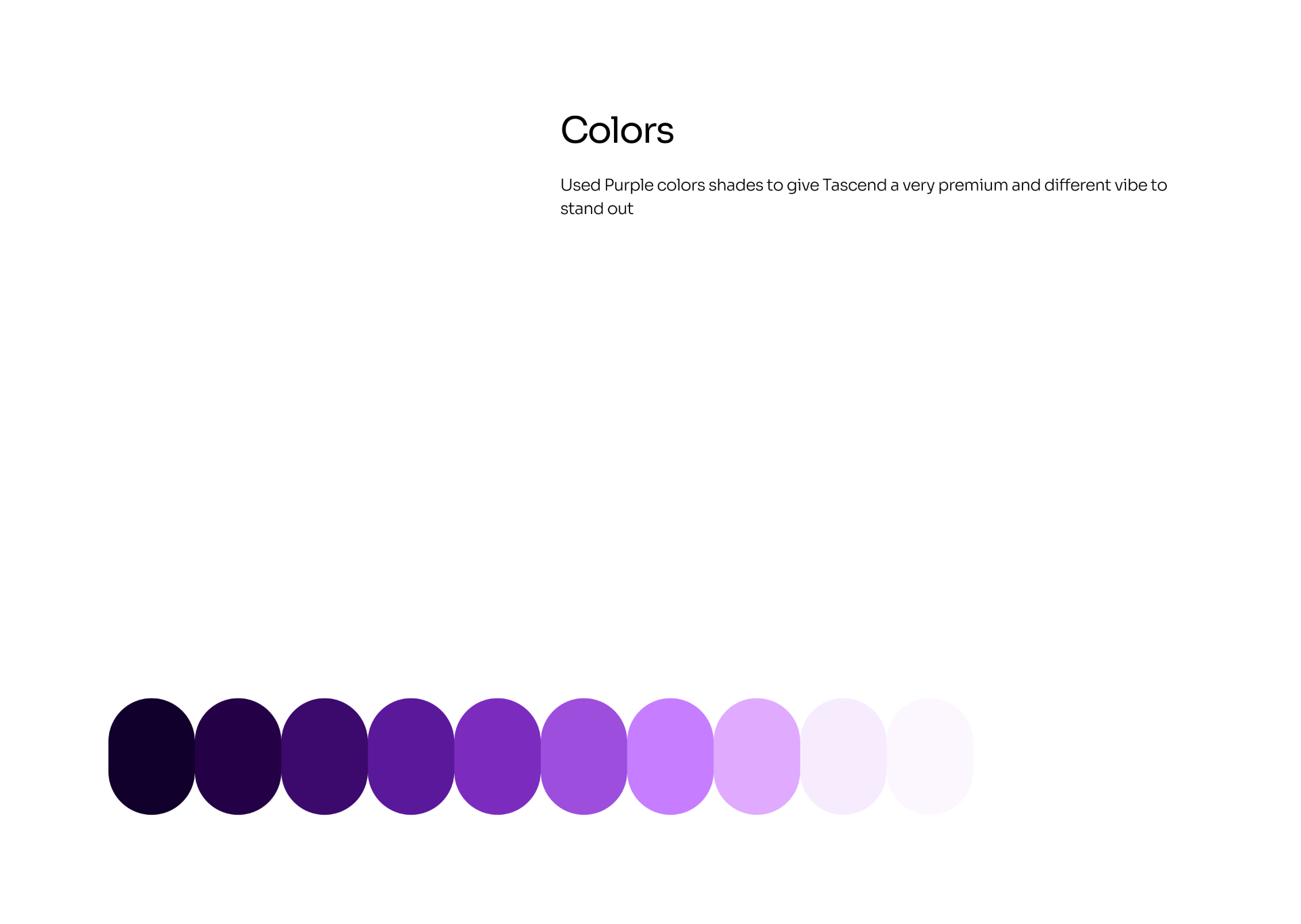 Colors — a premium purple system built for focus. Tascend purple color palette — Tascend Ai Project Managment SaaS · Product design case study by UXHAMZA